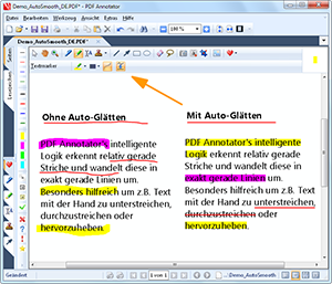 Auto-Gl�tten - PDF Annotator's intelligente Logik erkennt relativ gerade Striche und wandelt diese in exakt gerade Linien um. Besonders hilfreich um z.B. Text mit der Hand zu unterstreichen, durchzustreichen oder hervorzuheben. - Auto-Gl�tten
