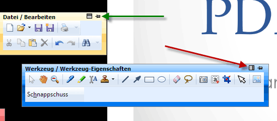 Benutzen der einfliegenden Symbolleisten im Vollbildmodus
