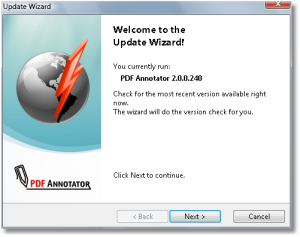 Update Wizard - Don't miss new versions of PDF Annotator with the integrated automatic update wizard. - Update Wizard