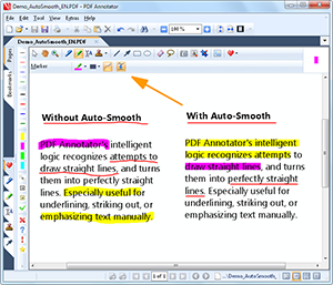 Auto-lissage - La logique intelligente de PDF Annotator reconna�t les traits relativement droits et les transforme en lignes parfaitement droites. Particuli�rement utile pour par ex. souligner, barrer ou mettre en relief manuellement du texte. - Auto-lissage
