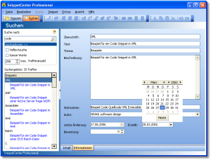 Suchen/Eigenschaften - Snippets können mit Anmerkungen und Zusatzinformationen gespeichert werden. Über die Suchfunktion können Snippets durch Eingabe von Suchbegriffen schnell wiedergefunden werden. Die Volltextsuche ermöglicht auch das Durchsuchen des Inhalts aller Snippets. - Suchen/Eigenschaften