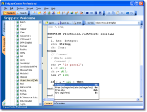 Code Snippets - Code Snippets can contain programming source code in different programming languages. By setting the current programming language through the Syntax list box, SnippetCenter supports colored syntax highlighting for more than 30 popular programming languages or text file formats. - Code Snippets