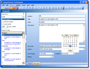 Search / Properties - Snippets can be saved with annotations and meta information. With the unique search feature, snippets can be found by searching for keywords. The full text search makes it even possible to search the whole content of all snippets. - Search / Properties