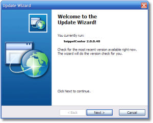 Update Wizard - Don't miss new versions of SnippetCenter with the integrated automatic update wizard. - Update Wizard